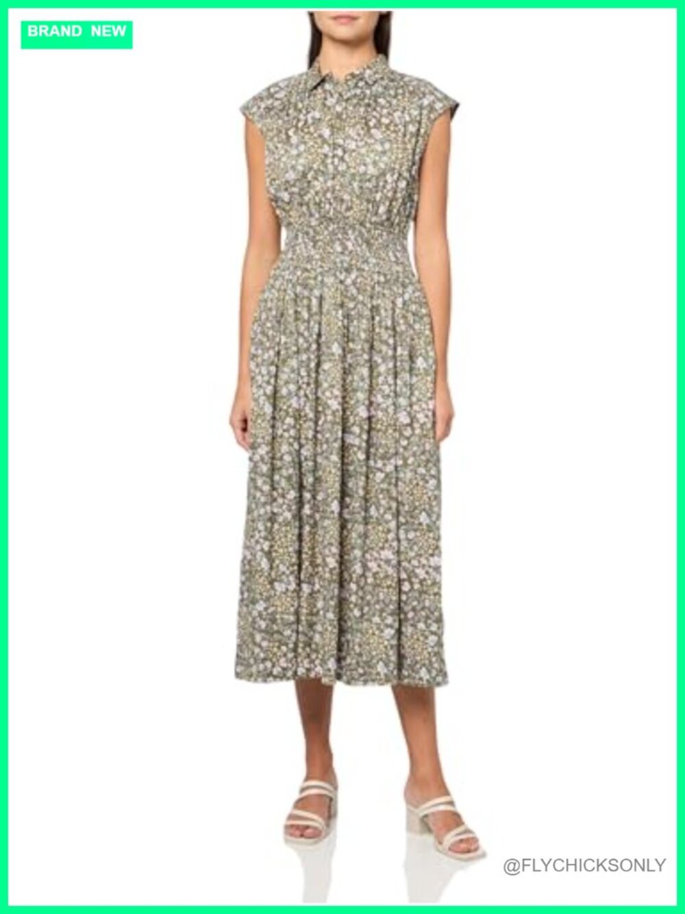 Smocked Dropped Waist Midi Shirt Dress A-Line Fitted Casual